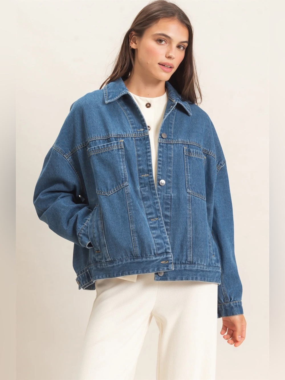NEW HYFVE Medium Blue Wash Oversized Denim Jacket Button Front Trucker